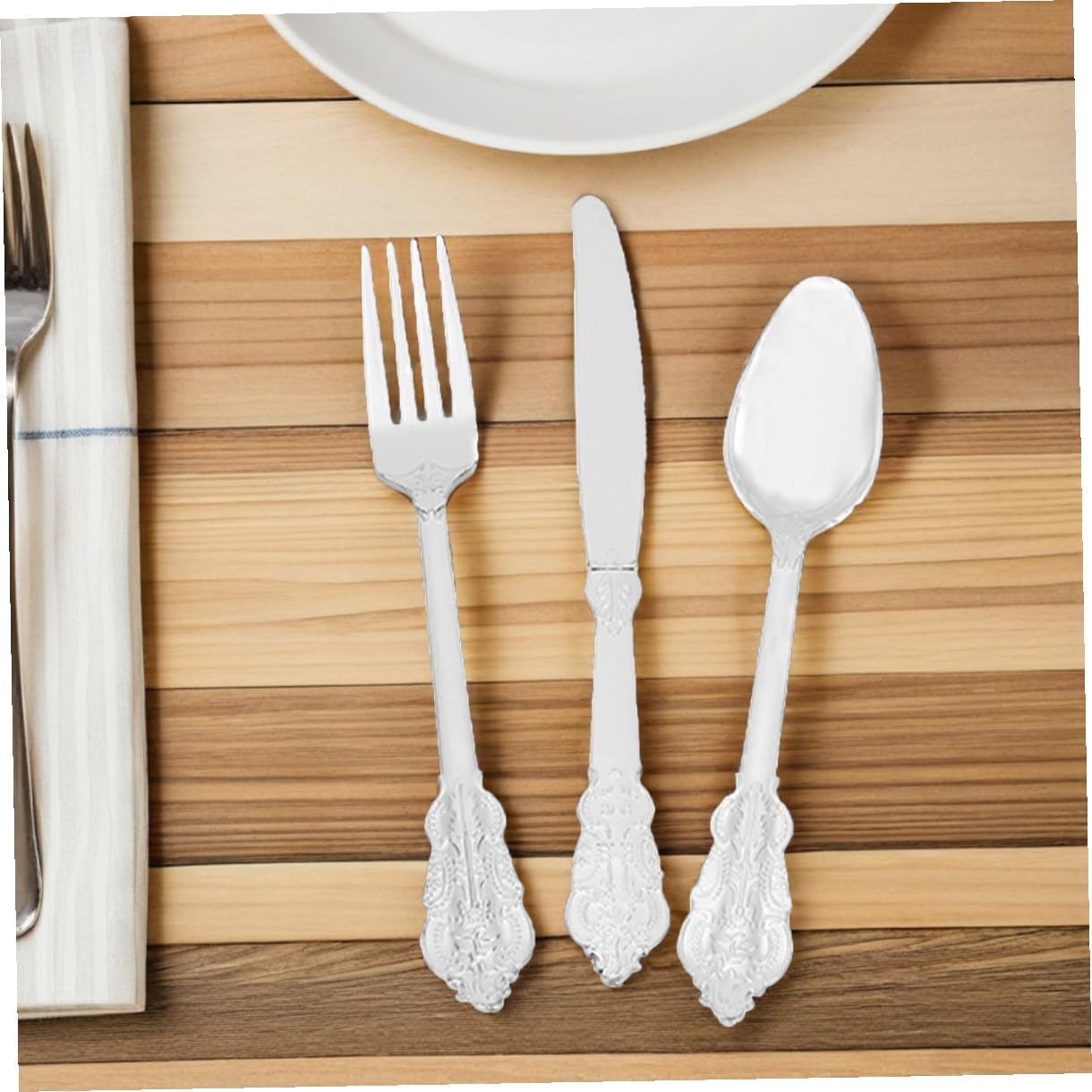 FUOYLOO Disposable Plastic Cutlery Set 24 Pieces Gold Trimmed Forks Spoons Knives Multifunctional Utensils for Weddings Holidays Parties Outdoor Use