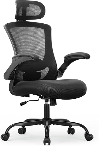 Miniatura 3 de Silla de oficina de malla con soporte lumbar, respaldo alto, reposabrazos abatibles y reposacabezas grande 3D, cómoda silla de escritorio para