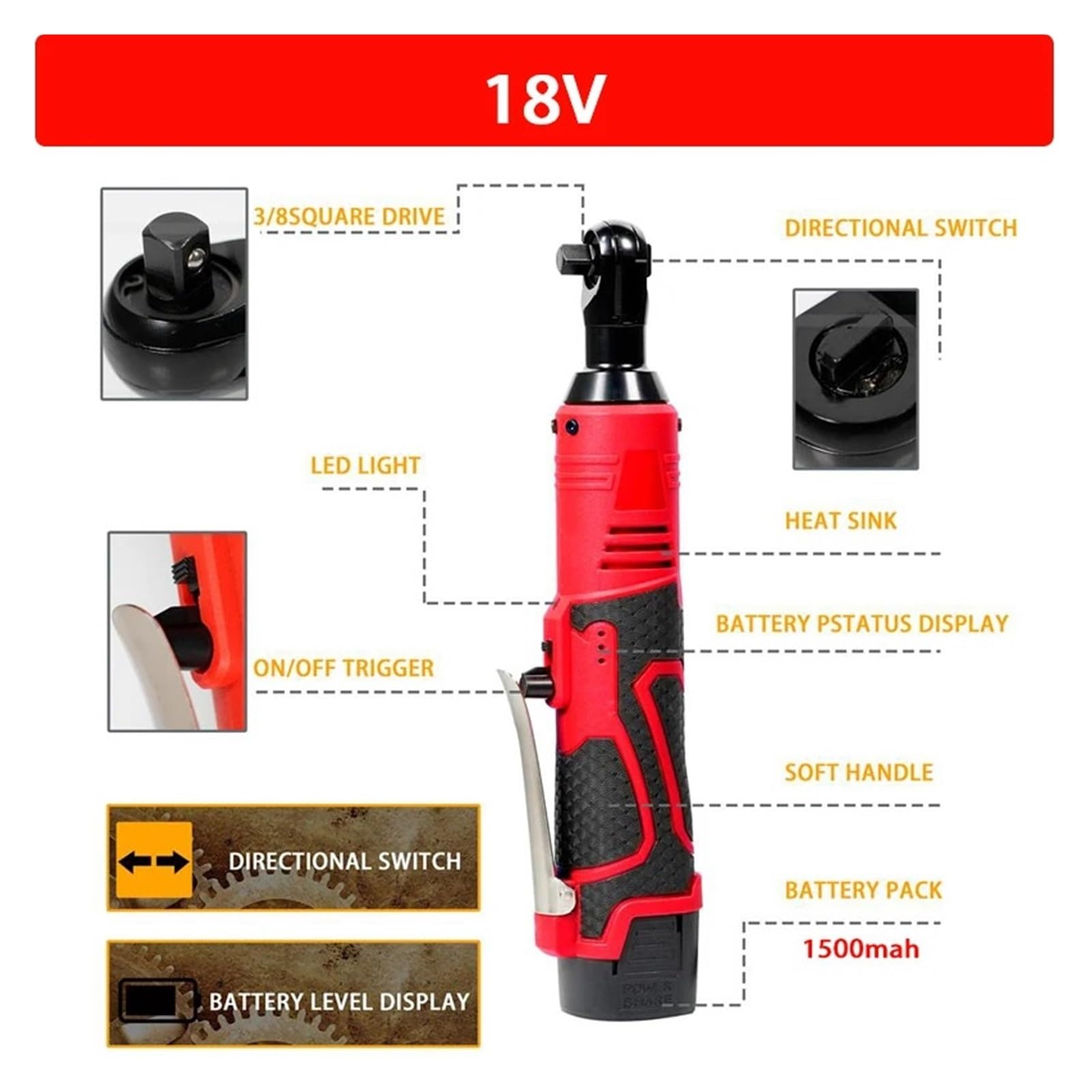 Chiave Elettrica Ricaricabile A Batteria Con Avvitatore A Percussione 12V/18V A Cricchetto Ad Angolo Retto Da 3/8 Pollici Utensile Elettrico For A Lavora In Modo Efficiente(18V)