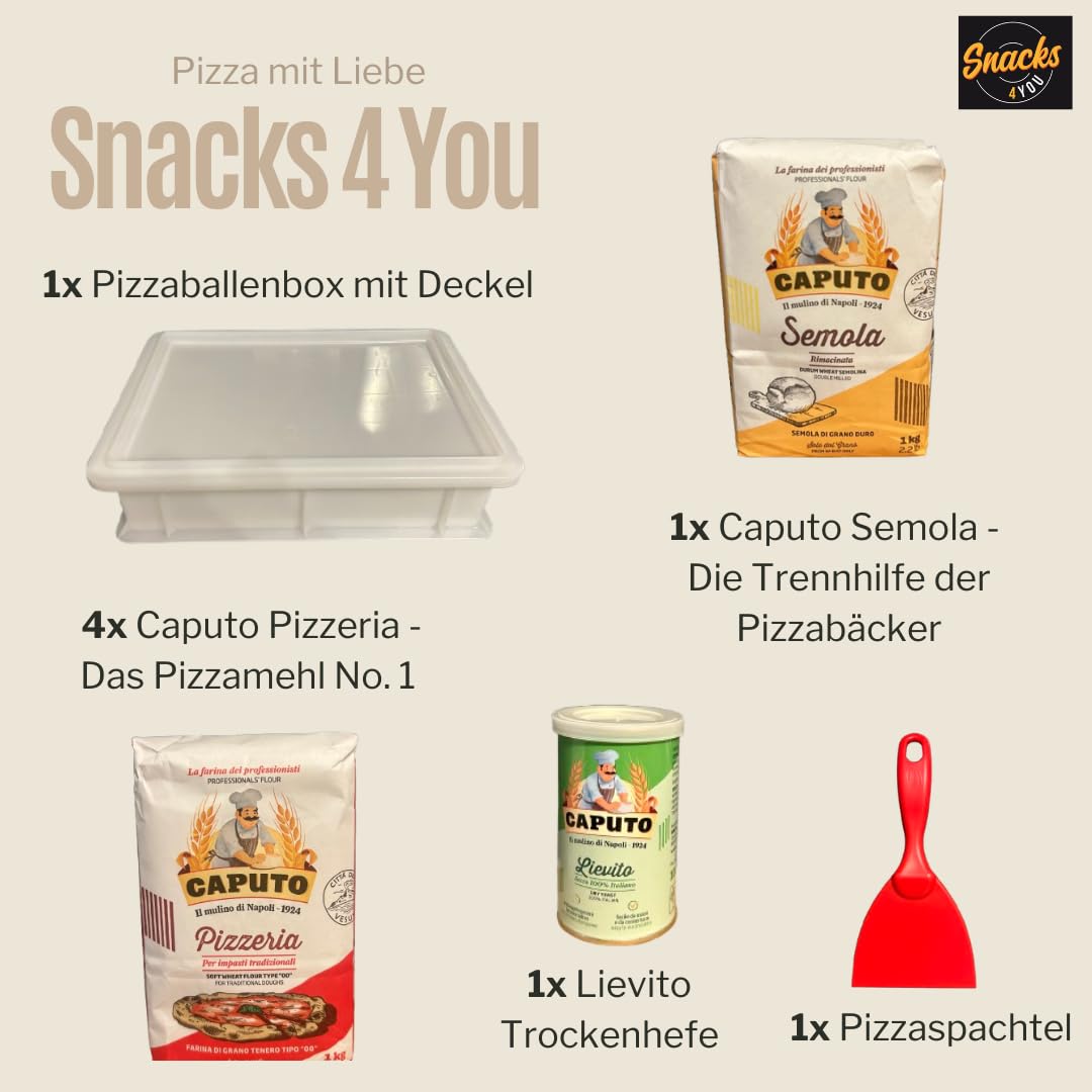 Pizza Starter-Set | Pizzaballenbox mit Deckel 40x30cm, H 10cm + 4x Caputo Pizzeria Mehl + Caputo Semola + Trockenhefe + Pizzaspachtel + Rezept-Karte (Pizza Starter-Set)