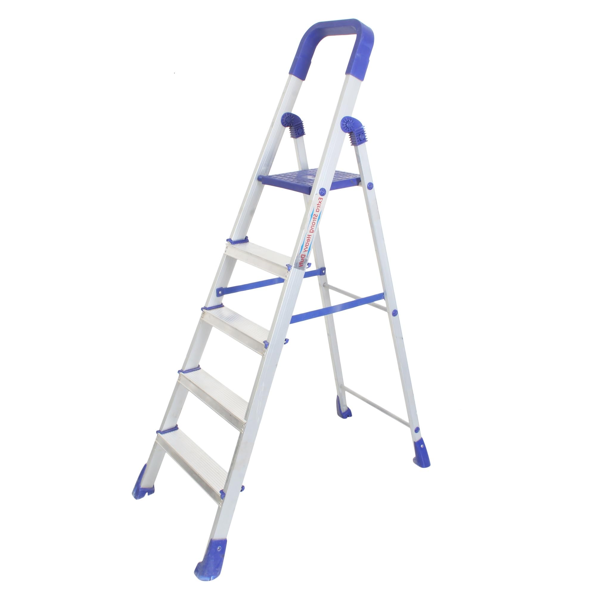 OBBOOBBO Nishika Pro 5-Step Foldable Aluminum Ladder for Home Use | Anti-Skid Shoes, Edge Guards & Sure-Hinge Technology | Lightweight & Durable Step Ladder (Silver & Blue)