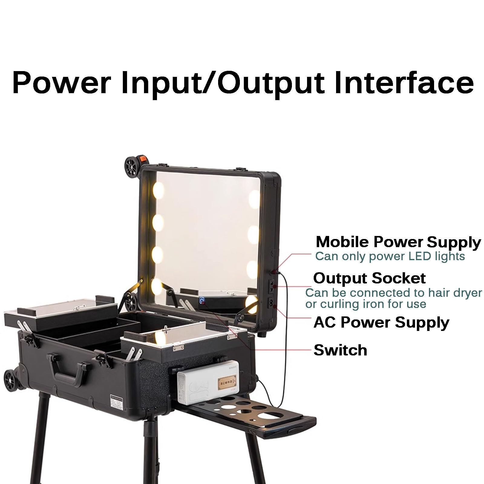 Beauty case con specchio e luci LED, stazione di viaggio portatile per uso professionale, Argento
