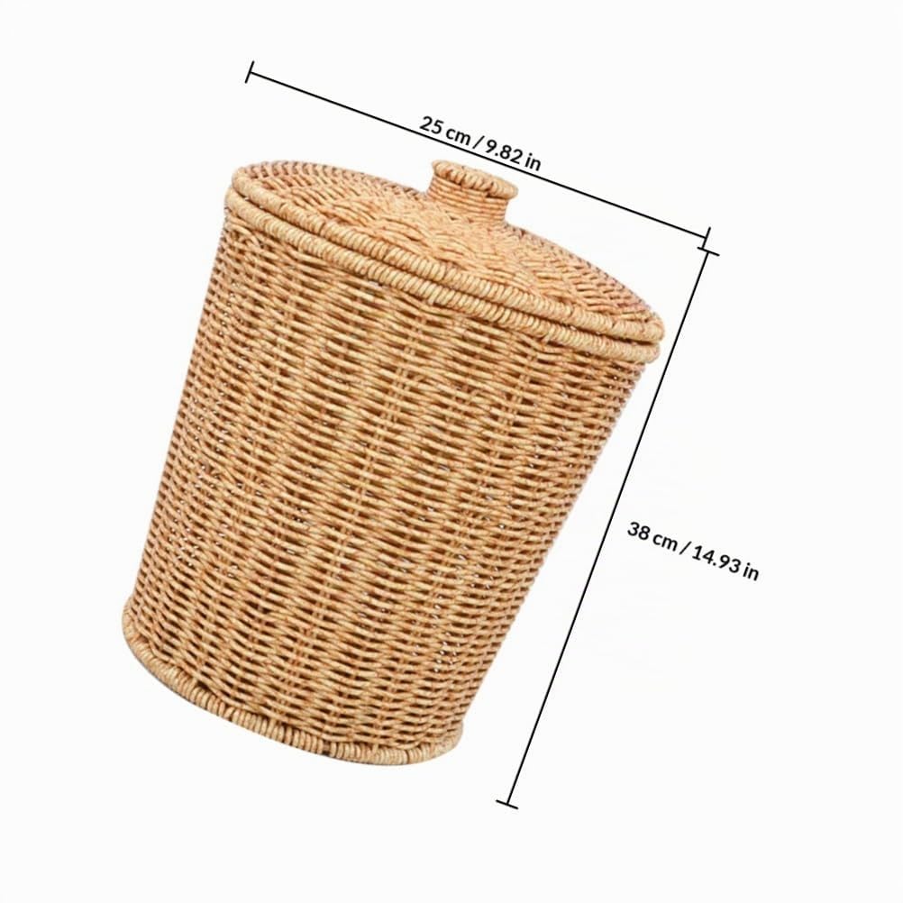 HOMSFOU Cubo de Basura de Ratán Sintético con Tapa, Redondo Khaki | Pp, Gran Capacidad y Fácil Limpieza, Compatible con Bolsas, para Oficina y Dormitorio
