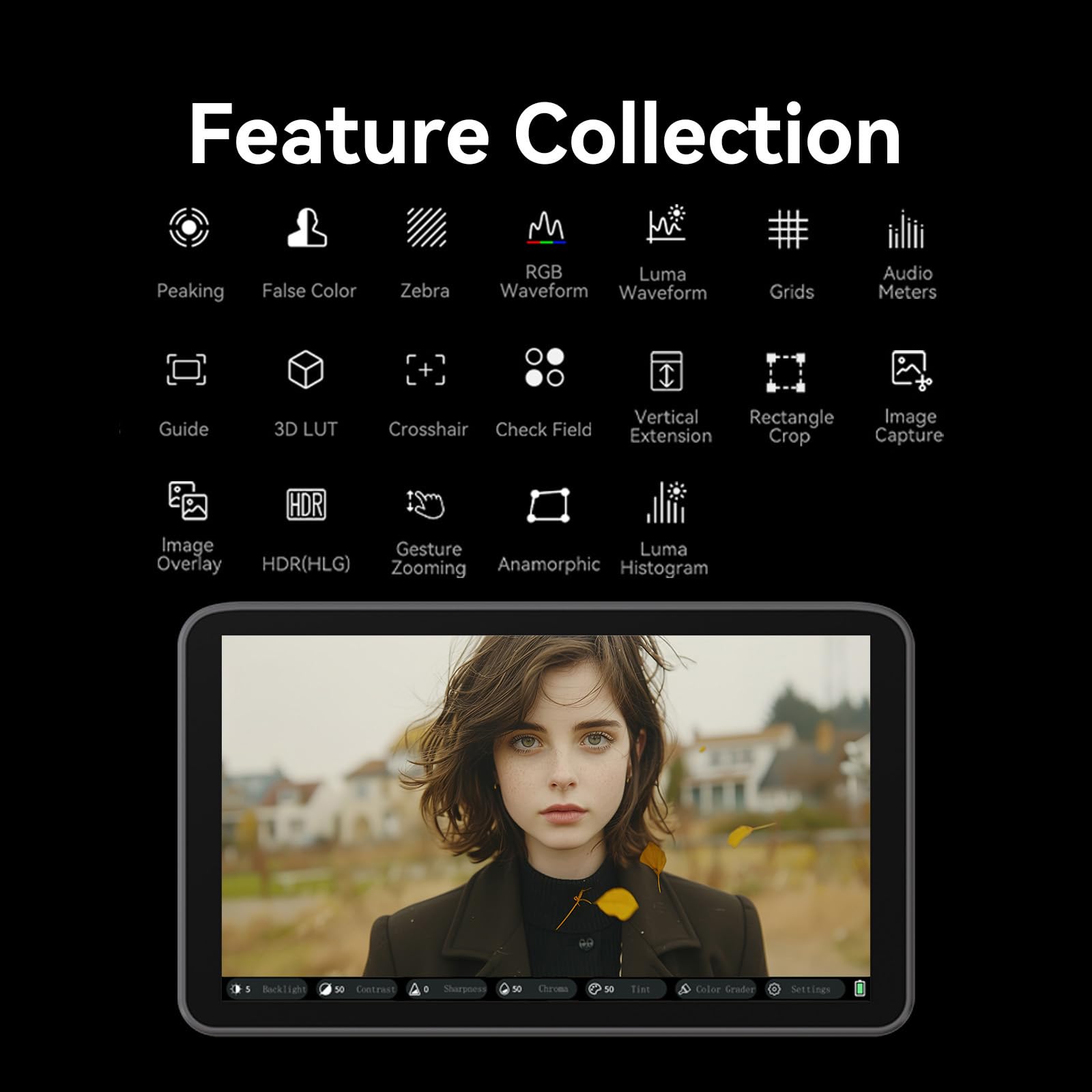 Portkeys LH7C Monitor Kamery 7" Podglądowy HDMI 4K Touch Focus 1000 Nitów Wyjście 3D LUT Kabel HDMI w Zestawie, Kompatybilny z A7S III, FX3, A7 IV, A1