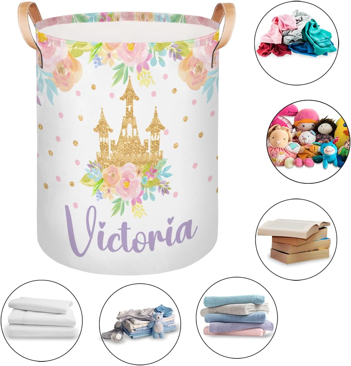 Personalized Laundry Basket, Custom Gift Laundry Hamper, Collapsible Nursery Waterproof Laundry Baskets, Dirty Clothes Toy Hamper with Handles Castle Princess