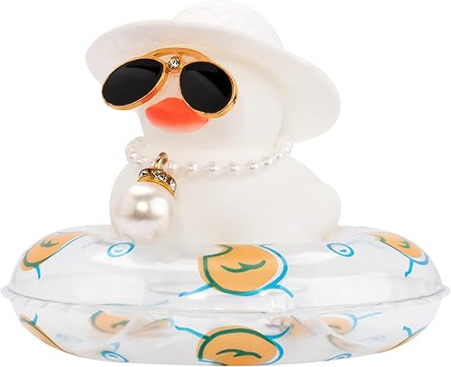 wonuu Anilla de natación de patos blancos con cristales de diamante, patos de goma con mini sombrero, collar para decoración de salpicadero, adornos