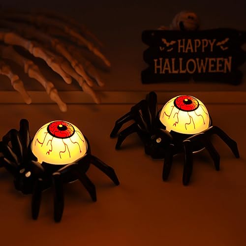 Miniatura 10 de YBB 6 luces de té de araña de Halloween, novedosas luces LED sin llama, portavelas de araña, funciona con pilas, luces de té naranja para fiesta de