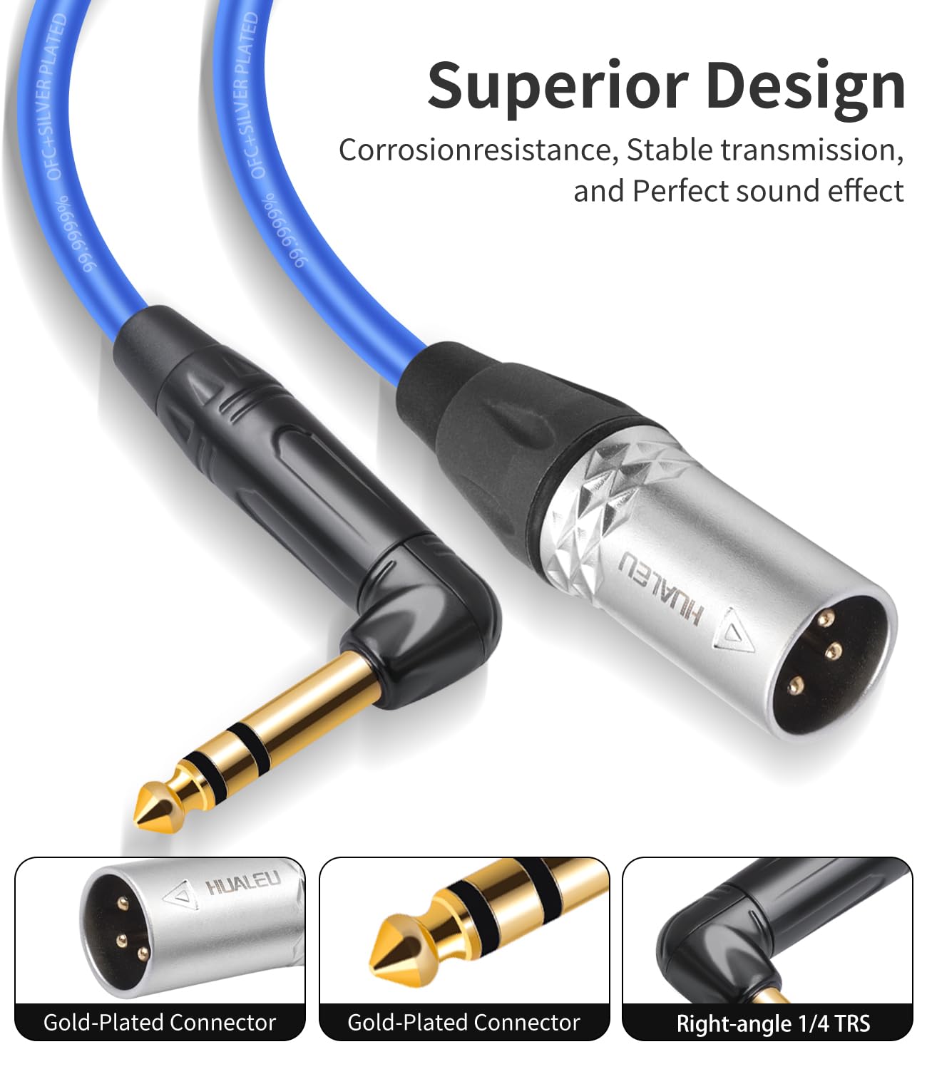 Paquete de 2 cables de audio macho TRS a XLR de 3 pines en ángulo recto, 20 AWG 6N OFC + cable de audio chapado en plata, ángulo recto de 6,35 mm TRS a XLR macho, cable equilibrado para
