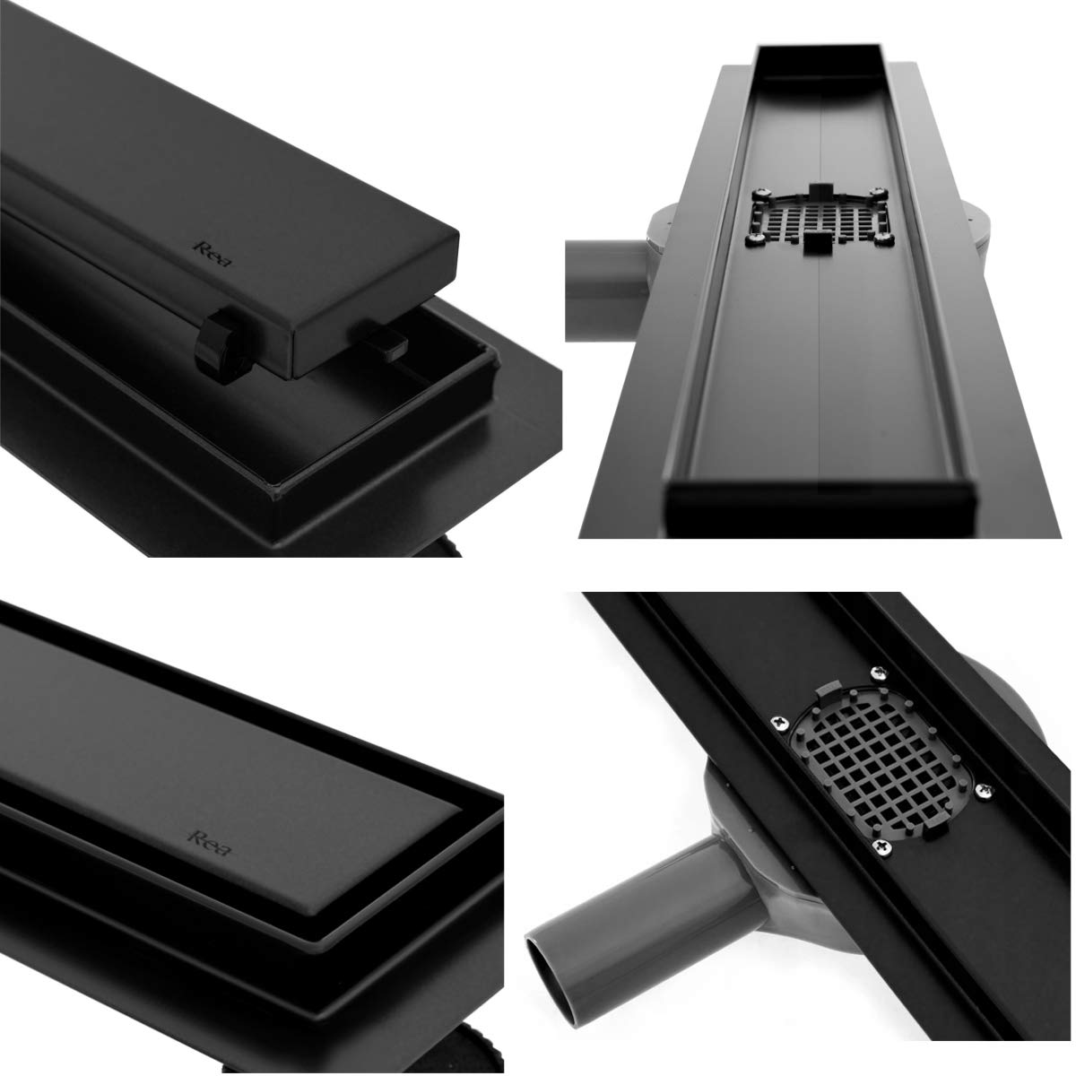 VBChome Caniveau de douche 90 cm - Noir - Siphon auto-nettoyant avec système anti-odeurs - Tailles 60 à 100 cm - Très plat - Kit complet de caniveau pour salle de bain