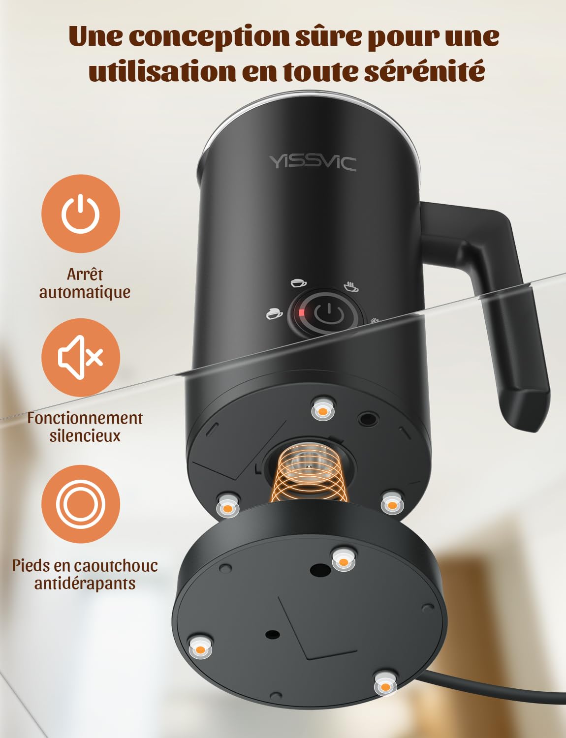 YISSVIC Mousseur à lait électrique Électrique Automatique 4 en 1 Électrique Automatique 500 W avec commande en un clic pour intérieur en acier inoxydable et revêtement antiadhésif