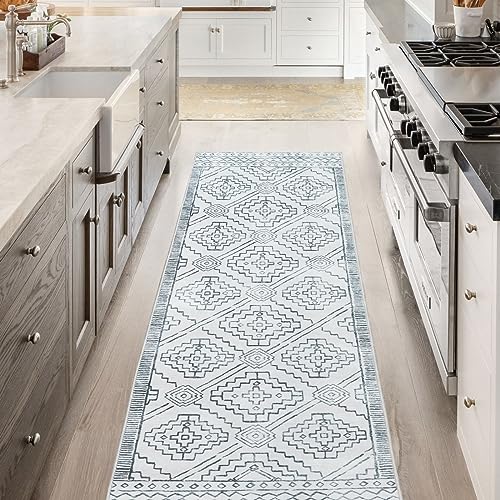 TOPICK Washable Runner Rug 60x240cm Indoor Hallway Grey Geometric Soft Rug Foldable Lightweight Thin Non Slip Carpet Bathroom Kitchen Living Room Bedroom