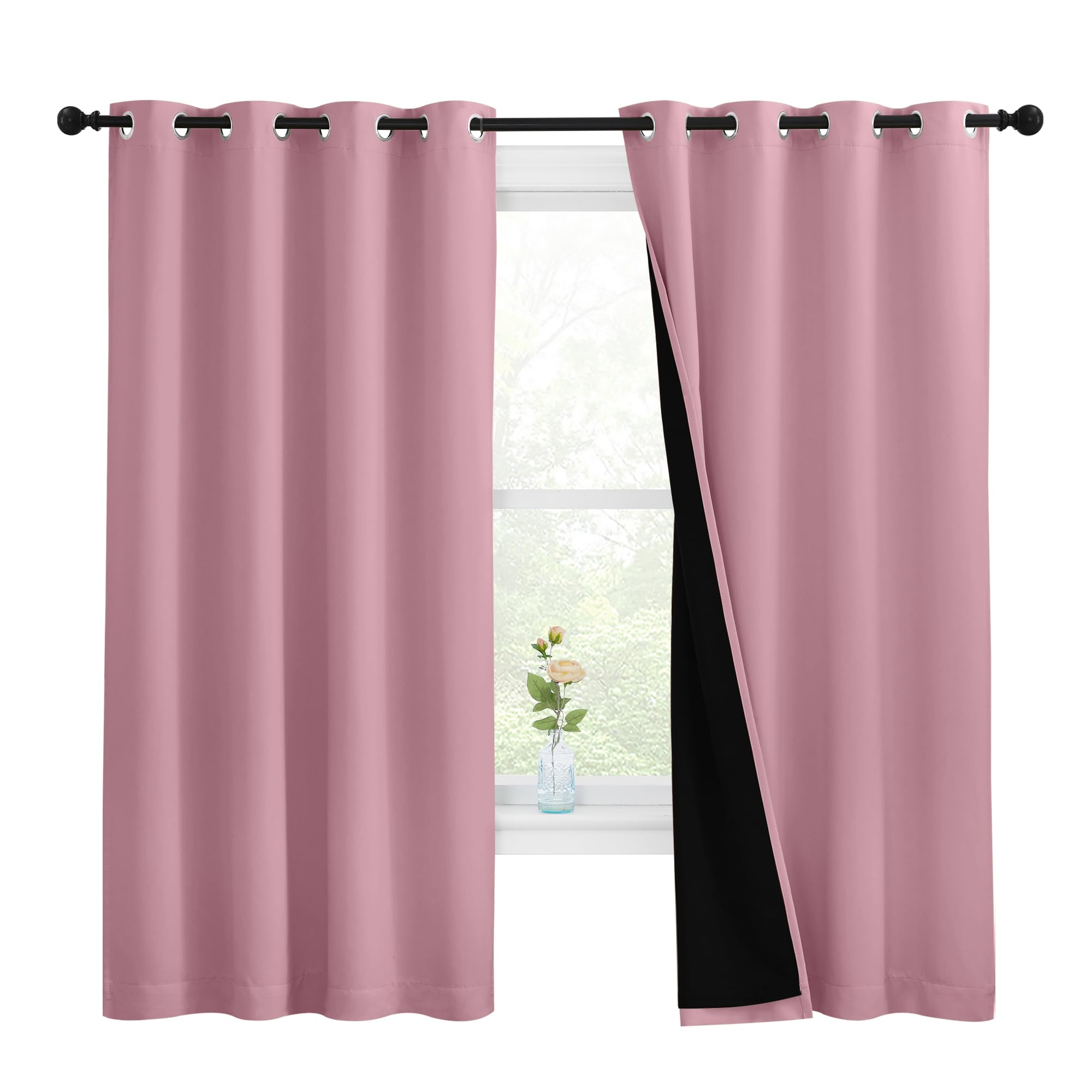 NICETOWN 100% Blackout Curtains with Black Liners, Thermal Insulated Full Blackout 2-Layer Lined Drapes, Energy Efficiency Window Draperies for Bedroom (Crystal Pink, 2 Panels, 55-inch W by 68-inch L)