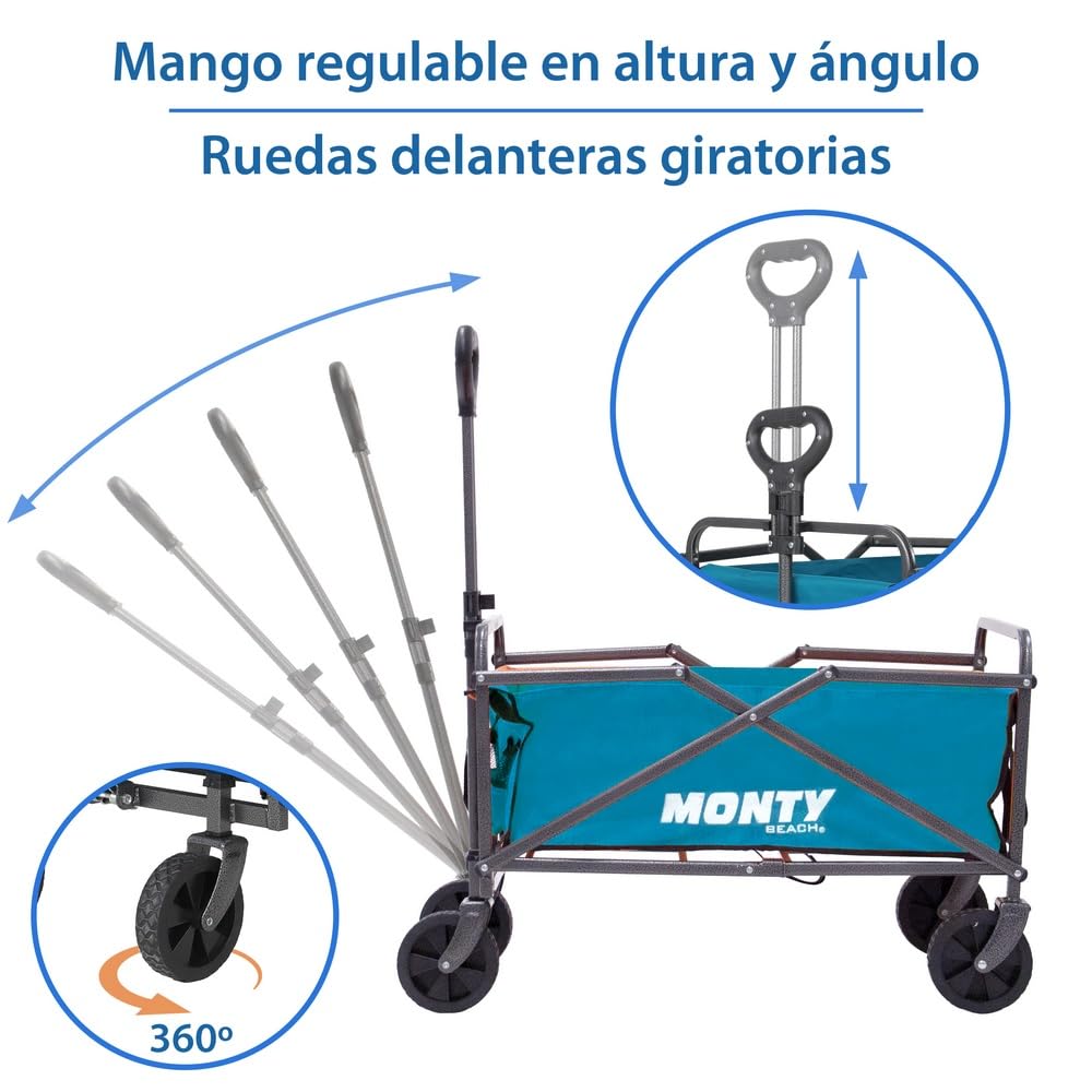 MONTY Carretilla Trolley Plegable Azul | 55 litros, 60 Kg | Estructura Acero con Pintura Anticorrosión, Mango Telescópico y Ruedas Giratorias Todoterreno | 2 Portabotellas