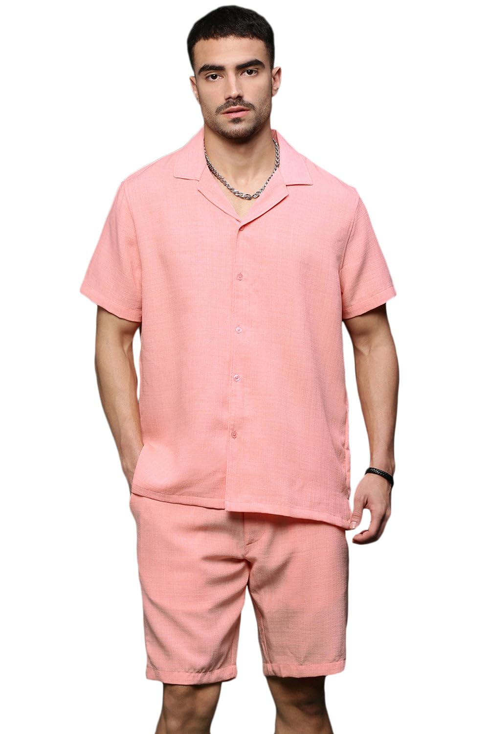 Men Solid Two-Piece Co Ords | Cuban Collar Half Sleeves Cotton Co Ords for Mens | Mid-Rise Relaxed Fit Knee Length Co Ords for Men's-image-23