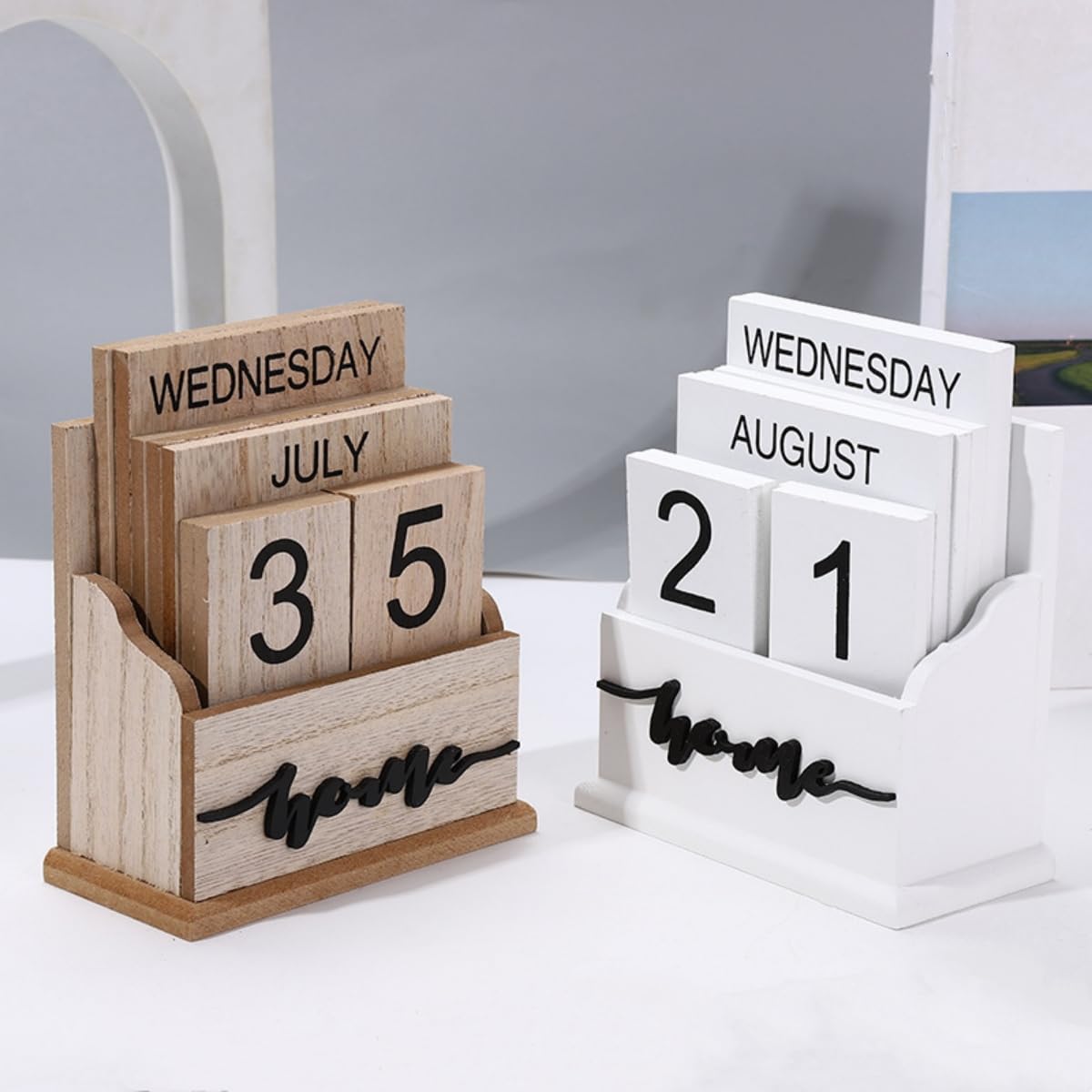 Wooden Calendar PATIKIL Vintage Wood Block Perpetual Calendar - Brown