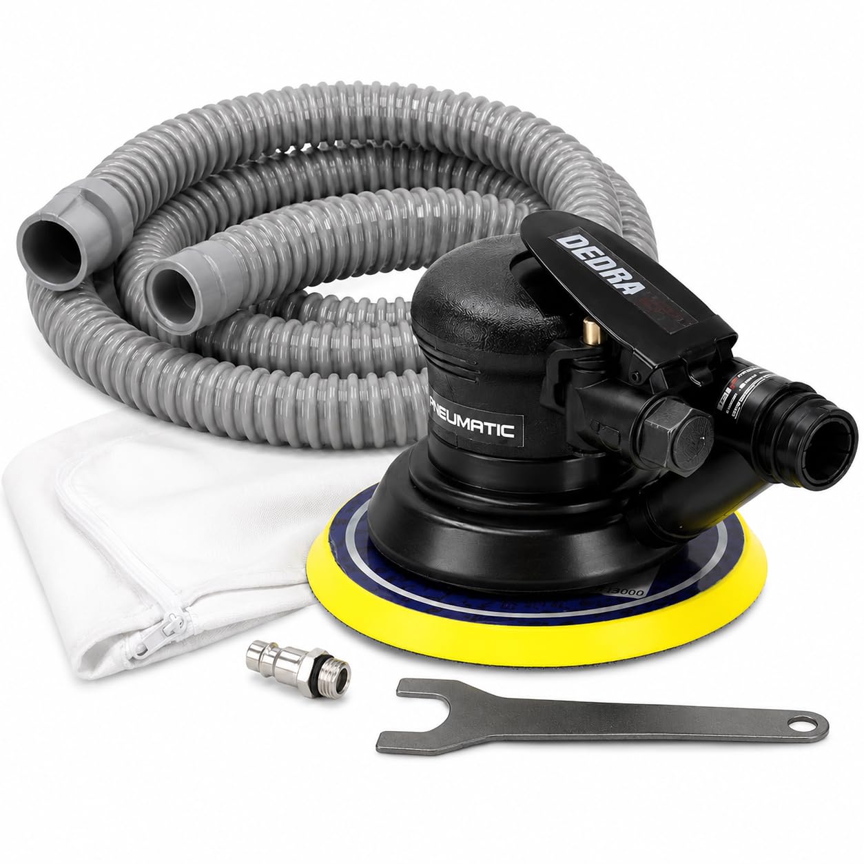 DEDRA Pneumatischer Exzenterschleifer Ø 150 mm, 10.500 U/min, Exzenterhub 2,5 mm, betrieben mit Druckluft, für präzise und komfortable Oberflächenbearbeitung