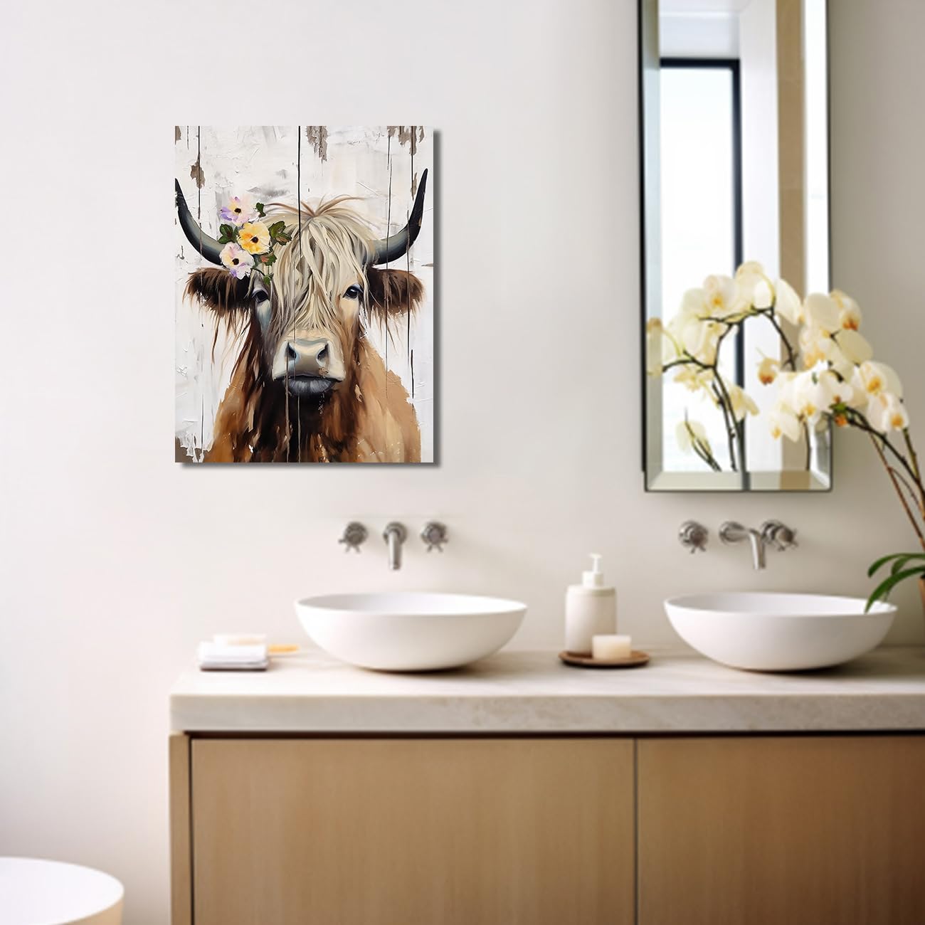 LZIMU Quadro Su Tela Con Mucca Di Campagna E Fiori - Stampe Rustiche Per Pareti, Decorazione Country, 45x45 Cm, Cornice Inclusa - 3