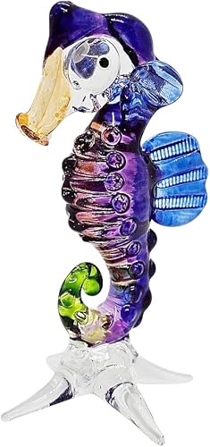 ChangThai Design Pequeña figura de caballito de mar morado de 3 pulgadas de alto, animal de vidrio soplado a mano en miniatura multicolor, caballo