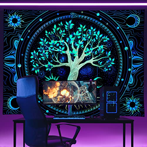 Image of Tapestry for Bedroom Aesthetic Black Light Tree of Life Tapestrys UV Reactive Trippy Talestry Colorful Wall tapistry Sun Moon Space Tapestries Green Forest Wall Hanging Decor Nature Ceiling Tapastry