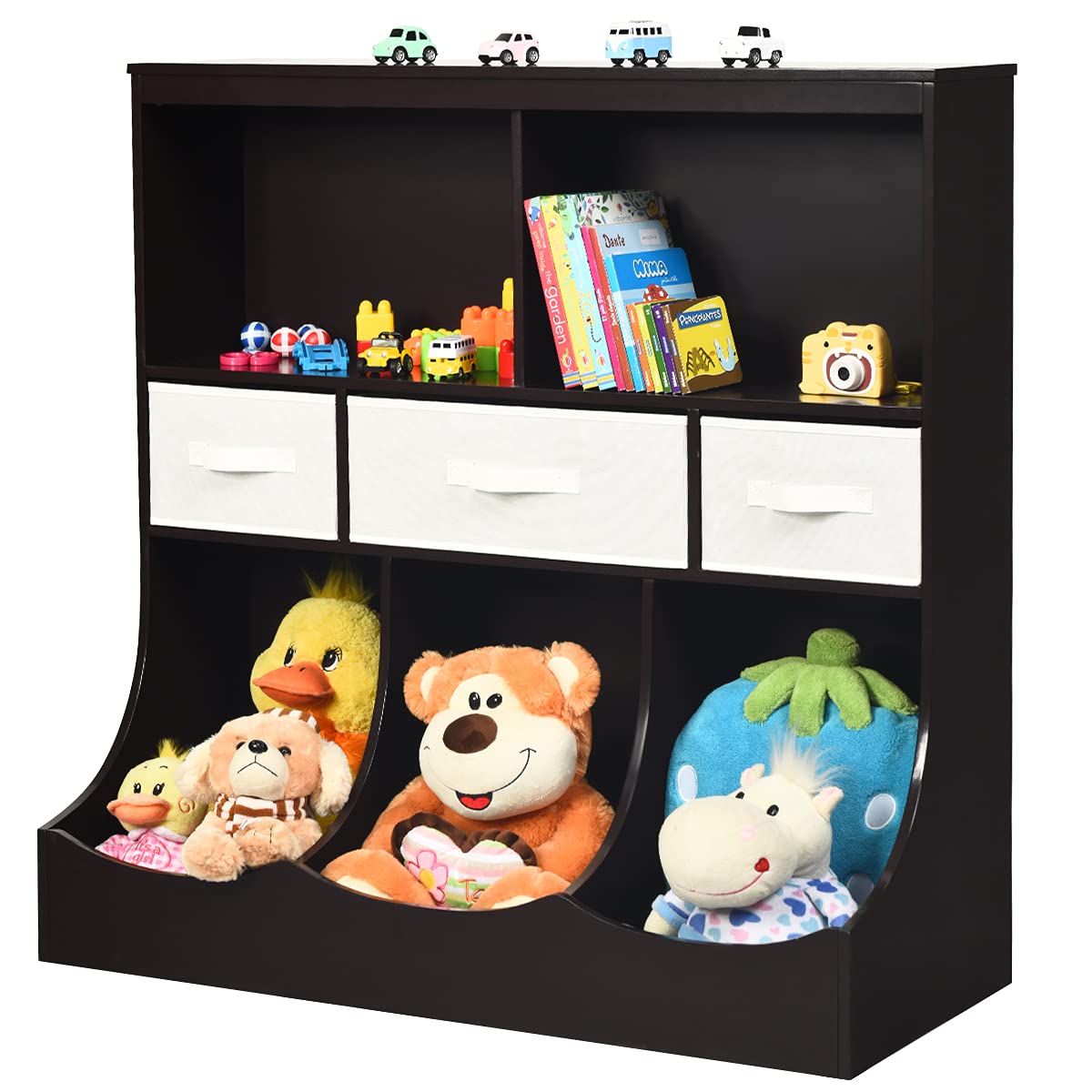 HONEY JOY Kids Toy Storage Organizer with Bookcase, 8-Cubby Organization Storage Cabinet w/Display Shelf & 3 Removable Fabric Bins, Wooden Toy Storage