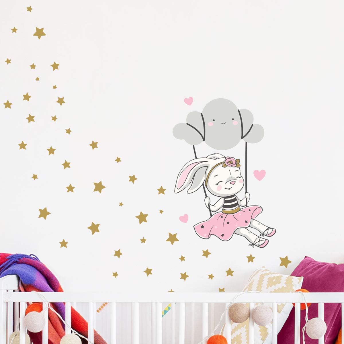 Wall Stickers for Children - Baby Room Decoration - Wall Stickers - Rabbit on Cloud + 100 Stars - Wall Sticker - H45 x L30 cm - Image 3