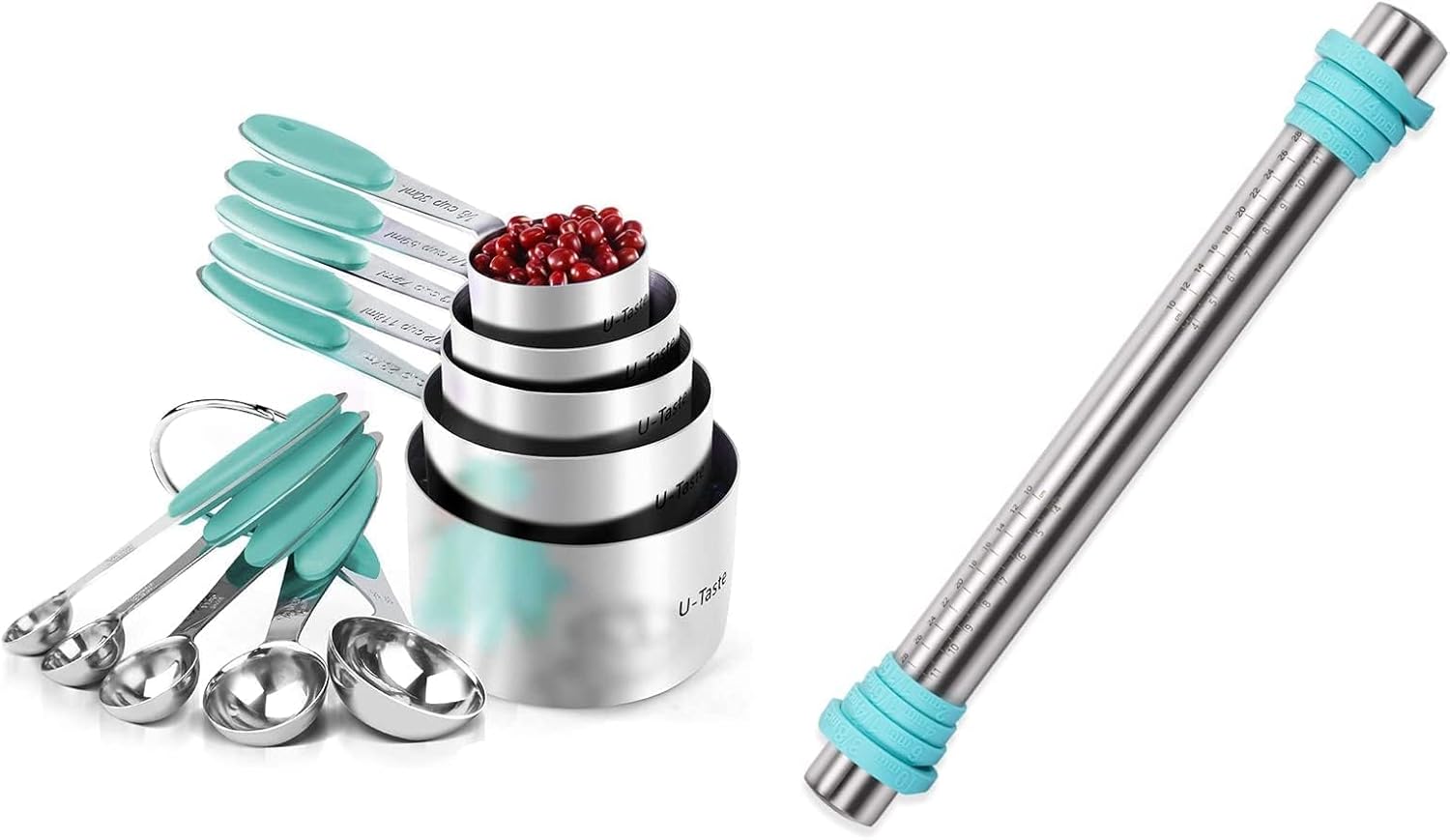 U-Taste 18/8 Stainless Steel Measuring Cup and Spoon Set of 10 and 16 inch Adjustable Rolling Pin with Silicone Removable Thickness Rings (Aqua Sky)