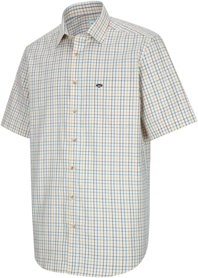 Hoggs of FifeKessock Short Sleeve Tattersall Shirt - Brown/Blue 100% cotton, Classic collar shape