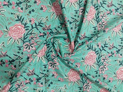 Image of Doraya Pure Cotton Dress Making Fabric Sanganeri Print Jaipuri Hand Block Printed Unstitched Dress Material for Women Blouse /Plazzo,Kurti /Lehenga Piece Womens 43 inch Inches Width (Sea Green 1, 3 Meter)