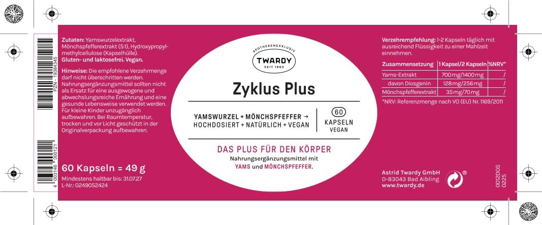 Astrid Twardy Zyklus Plus Kapseln – Mit Yamswurzel & Mönchspfeffer – 100% vegan, ohne Zusatzstoffe – 2x60 Kapseln