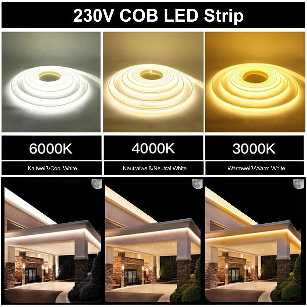 COB LED Stripe Set, LED Streifen Band Lichtschlauch Leiste Kette, Teilmöglichkeit aller 10 cm, 360LEDs pro Meter, IP20 Netzkabel mit Eurostecker (50 Meter, Kaltweiß (6000K), mit Schalter)