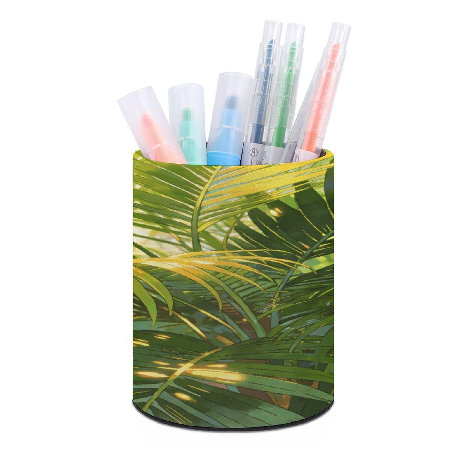 FekiLoot Tropical Palm Leaves Pen Holder Cup Fashion PU Leather Pencil Cup Minimalist Pen Organizer Round Pencil Holder Stand Work Locker Accessories for Decoration Desk Office Home