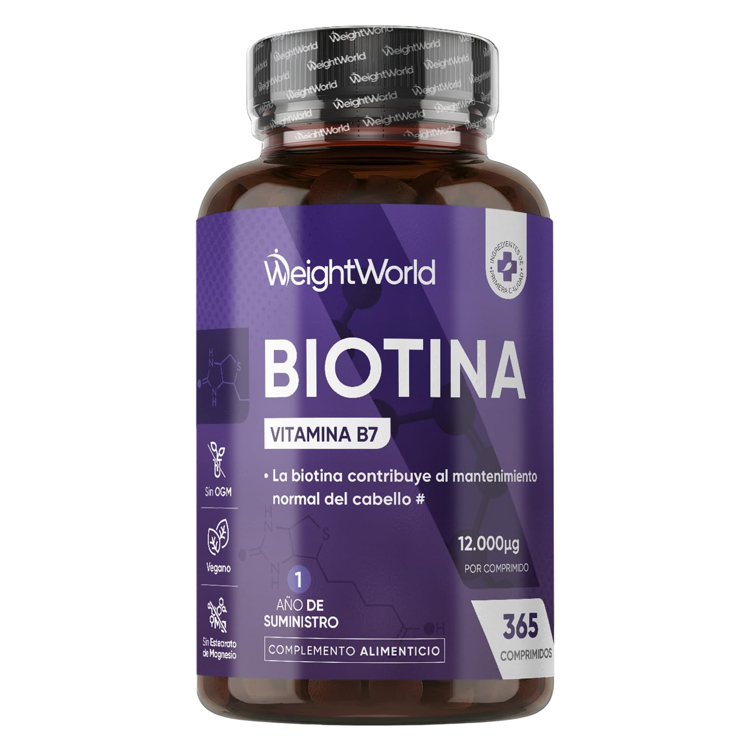 Biotina Pura 12000 mcg de WeightWorld - 365 Comprimidos Veganos