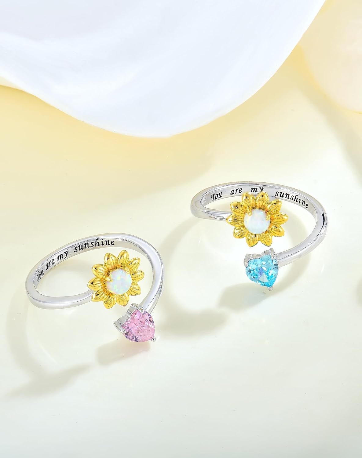 YL Butterfly Sunflower Celtic Pearl Ring for Women, Solid 925 Sterling Silver 18K White Gold Plated Birthstone You Are My Sunshine Open Heart Statement Jewelry - Image 5