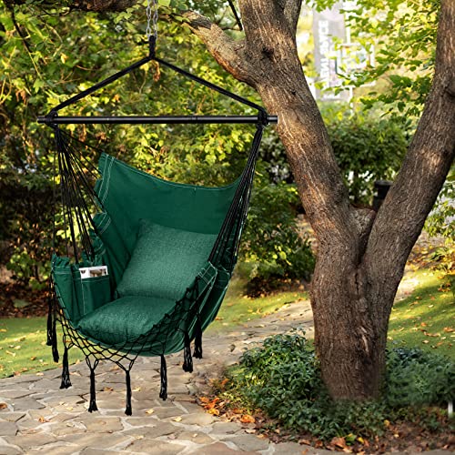 Hblife Hammock Chair, Max 330 Lbs, 2 Pillows Included, Green Hanging Chair With Pocket And Macrame, Swing Rope Chair For Bedroom, Backyard And Deck #TOP5