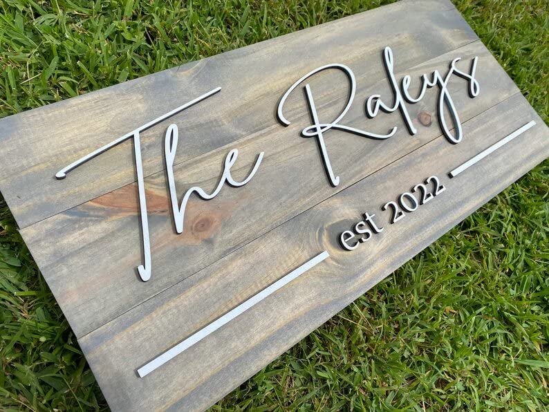 Miniatura 2 de Personzalized 3D Style Effect Wood Sign for Easy Customization and Family Name Wedding Gift (White Text - Gray Stain)