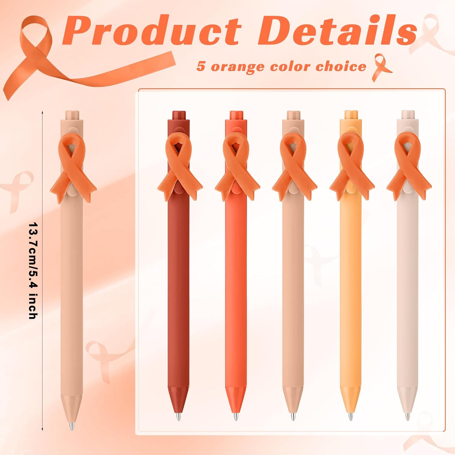 TecUnite 50 Pcs Orange Ribbon Awareness Pens Bulk Lupus Kidney Cancer Awareness Pens Multiple Sclerosis Leukemia and Lymphoma Ms Gum COPD Cancer Items for Public Social Charity Event