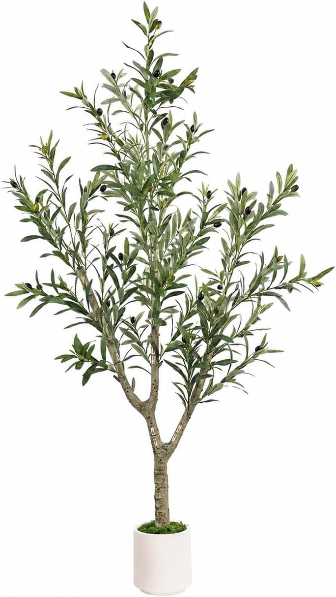 Olive Trees Artificial Indoor, 4ft Tall Olive Tree with White Planter, Faux olive tree with Natural Wood Trunk & Realistic Leaves & Lifelike Fruits, Artificial Plants for Home Decor Office Living Room