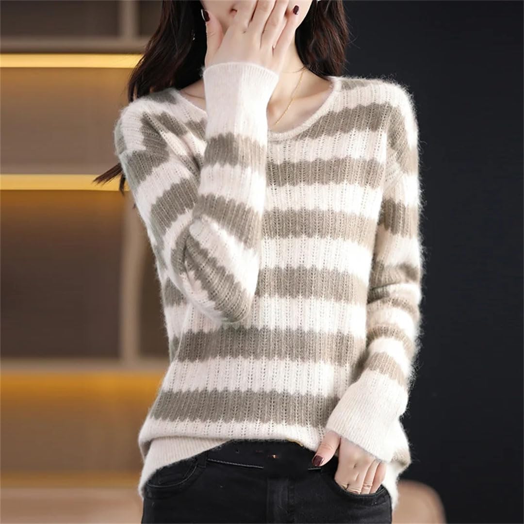 Vogrtcc Maglione Lavorato A Maglia in Cashmere da Donna Autunno Inverno O-Collo Top Warm Strip Pullover Casual