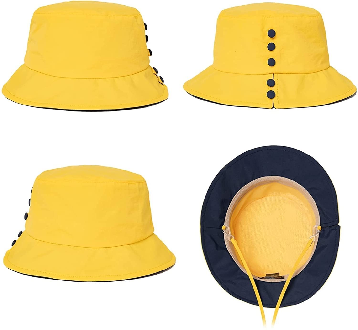 RWRAPS Sonnenhut Damen Bucket Sun Hat Wasserdichter Regenhut Breite Krempe Wandern Wanderhut mit Kinnriemen Verstellbarer Strandhut (Color: 00731-Black) (00731A Yellow A)