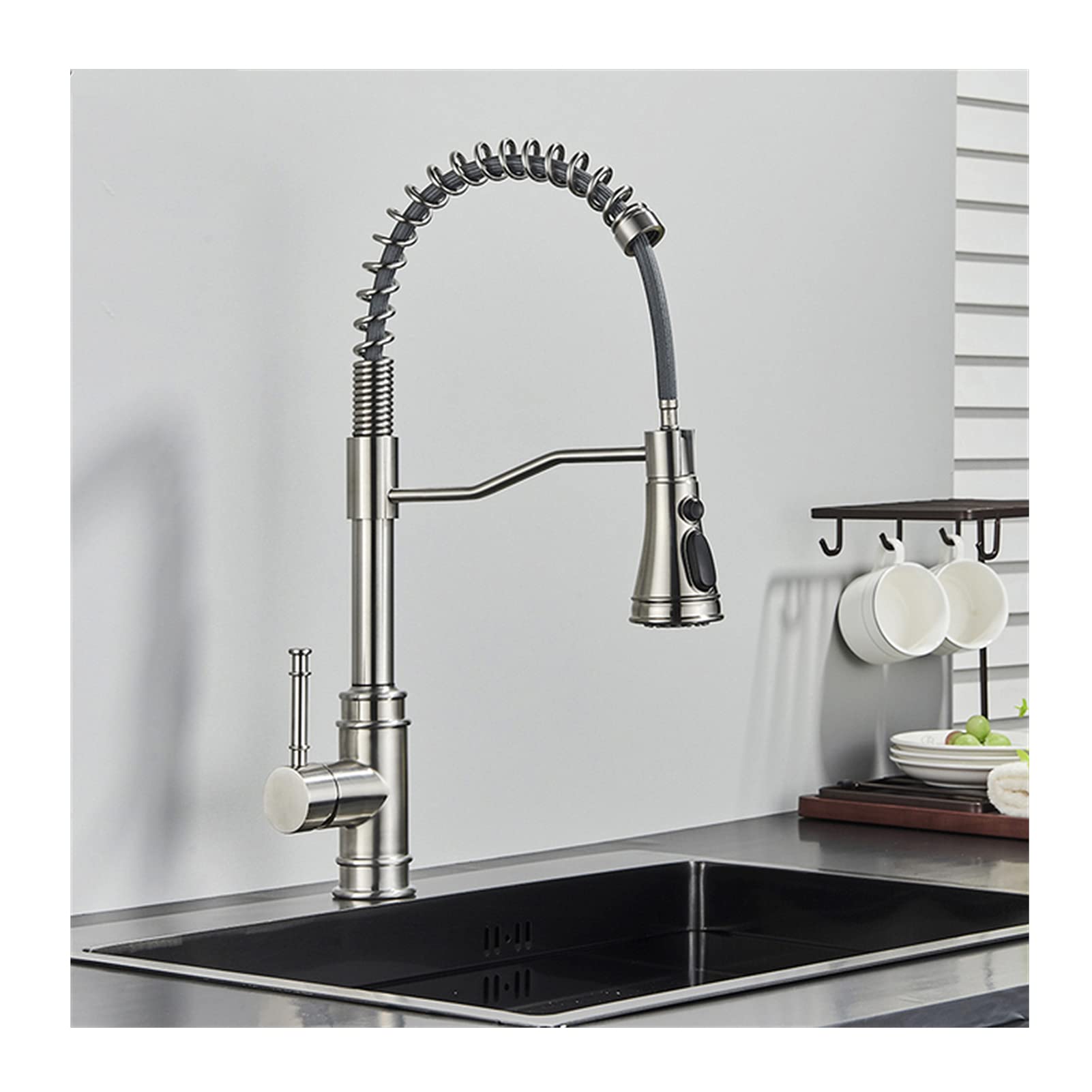 Robinet d'évier de cuisine extractible noir mitigeur 3 modes nickel brossé