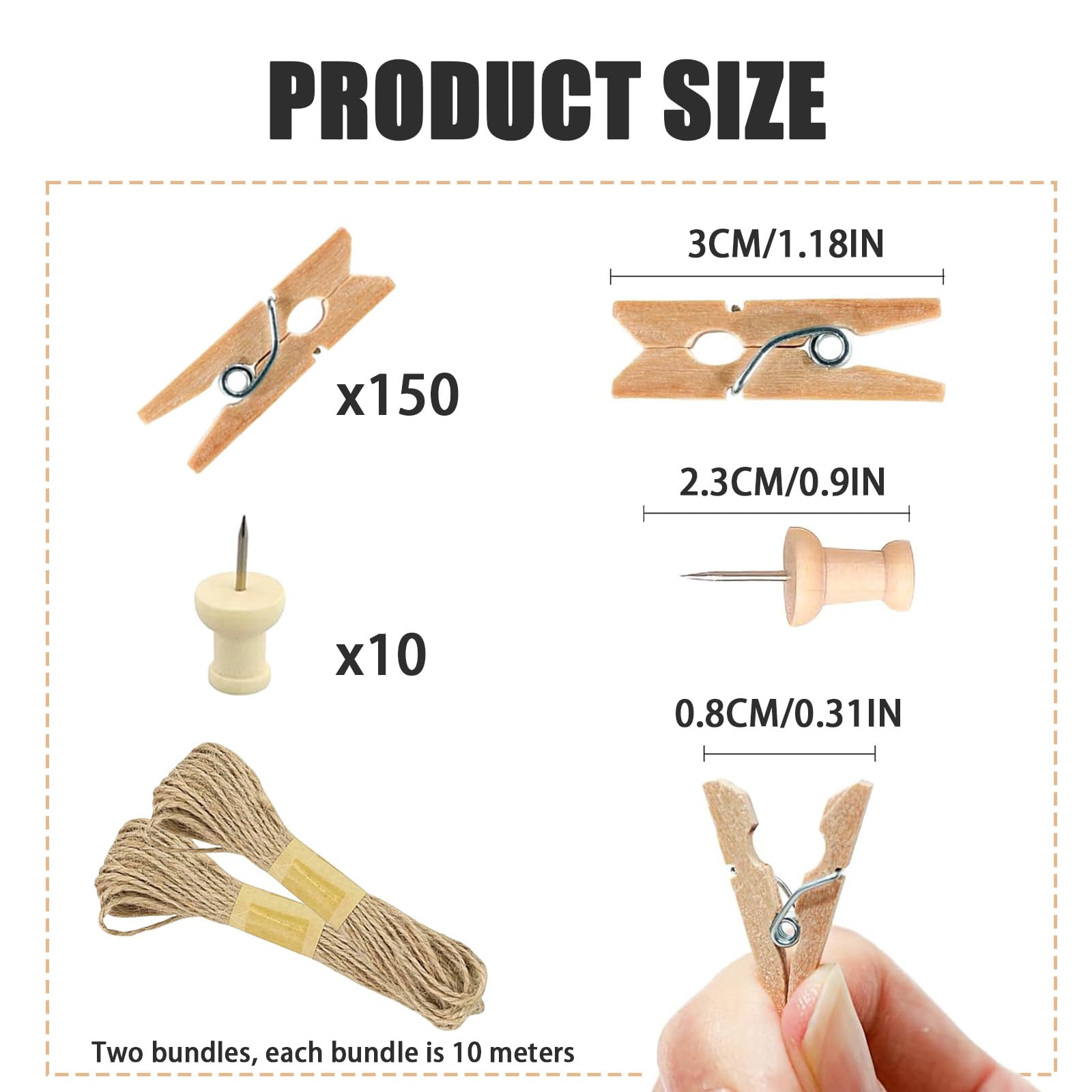 GZCXQ 150 Pcs Photo Clips Pegs, Wooden Pegs with Stainless Steel Springs, Natural, for Photo Wall Display Craft, Weddings - Image 2