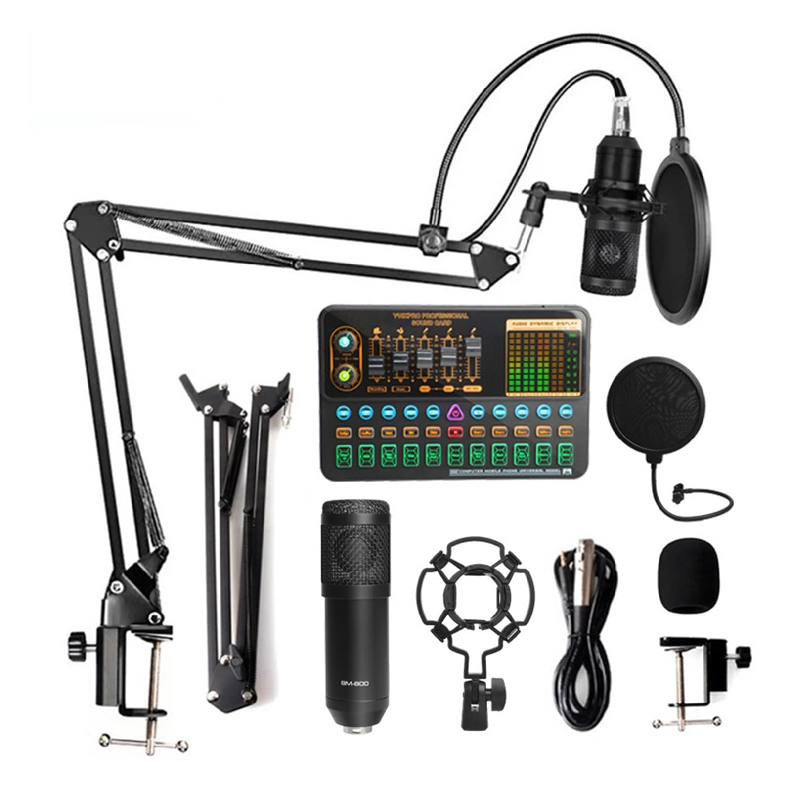 Soundkarten-Kit BM800 Mixer Soundkarte Studio Audiomixer Gesang Rauschunterdrückung Mikrofon Stimme Live-Übertragung Telefon Computer Aufnahme Studio-Setup für (Set A2 1)