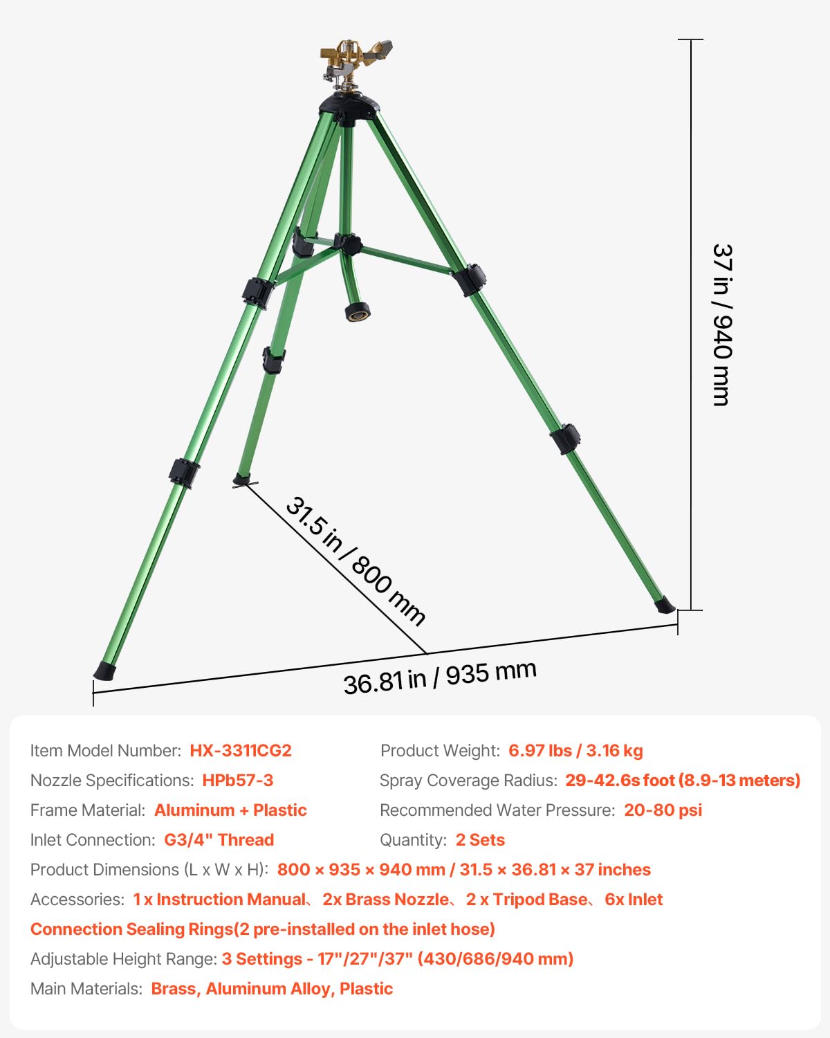 VEVOR Aspersor de Impacto con Base de Trípode 2 Piezas, de Alta Resistencia, con Cabezal de Latón y Conector G3/4 Pulgada, 360 Grados para Riego de Areas Grandes y Altura Ajustable para Jardín