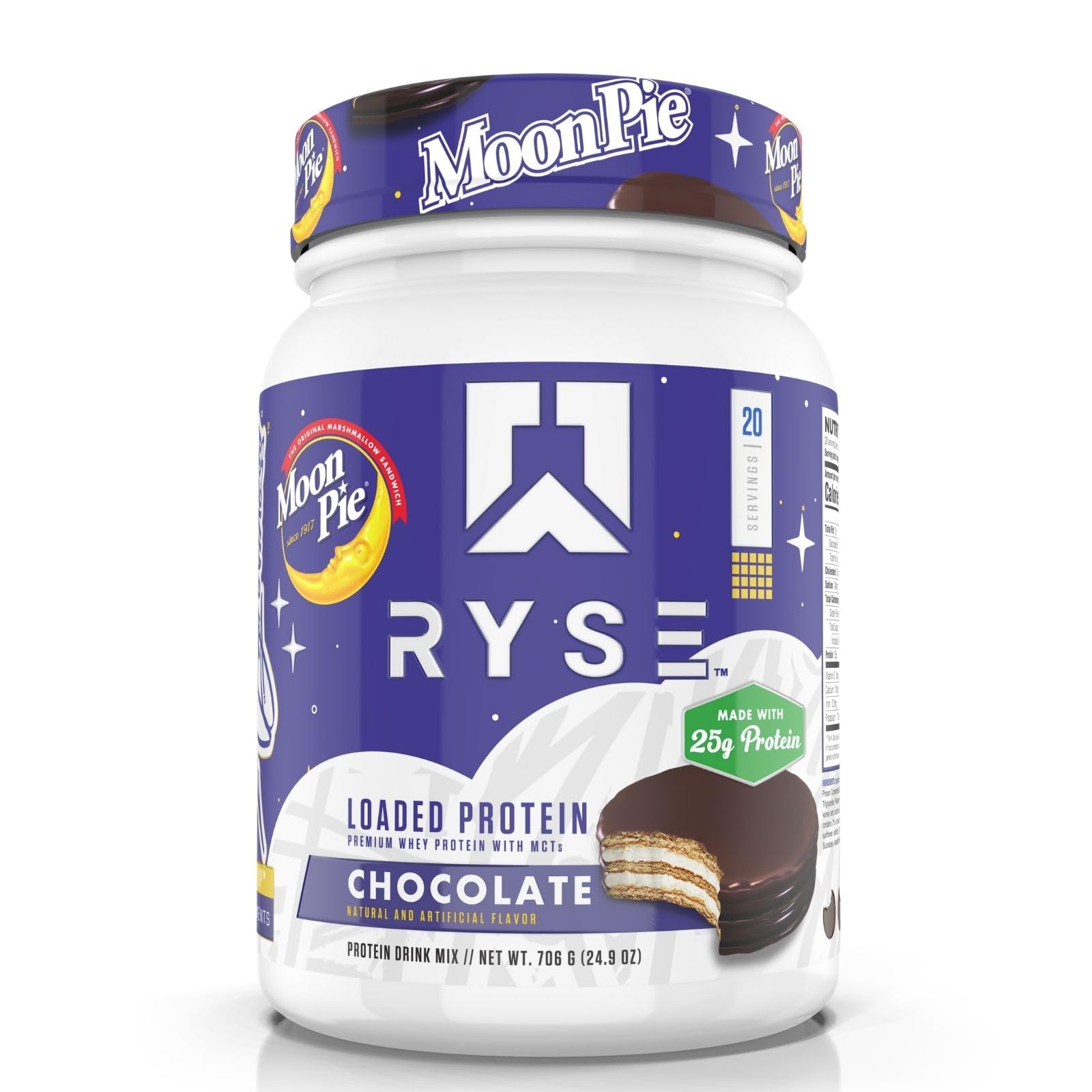 RYSE Up Supplements Loaded Protein Powder | 25g Whey Protein Isolate & Concentrate | with Prebiotic Fiber & MCTs | Low Carbs & Low Sugar | 20 Servings (Moon Pie Chocolate)
