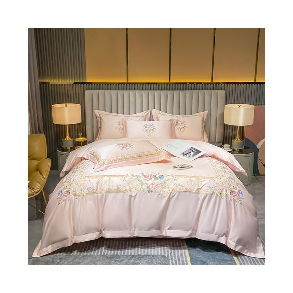 Parure de lit complète avec drap-housse rose brodé fleurs