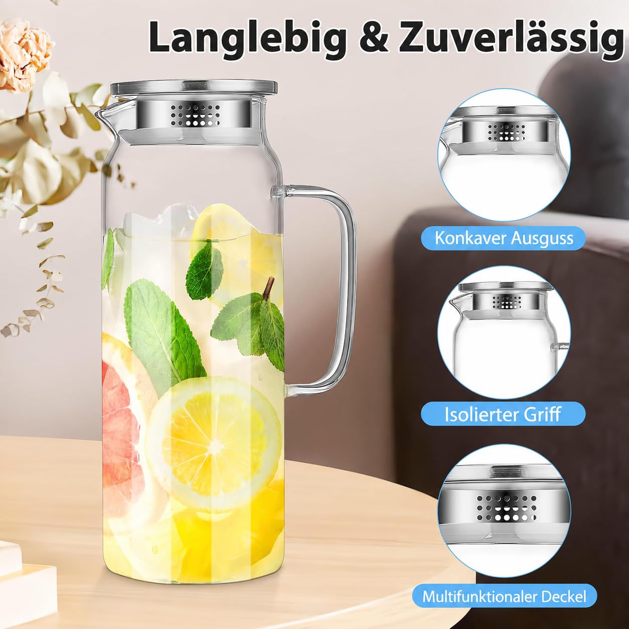 Juego de 2 jarras de agua de cristal con tapa, jarra de zumo de 2 litros – Vidrio de borosilicato con asa para bebidas calientes y frías como agua, zumo, leche, té, café – Jarra transparente para