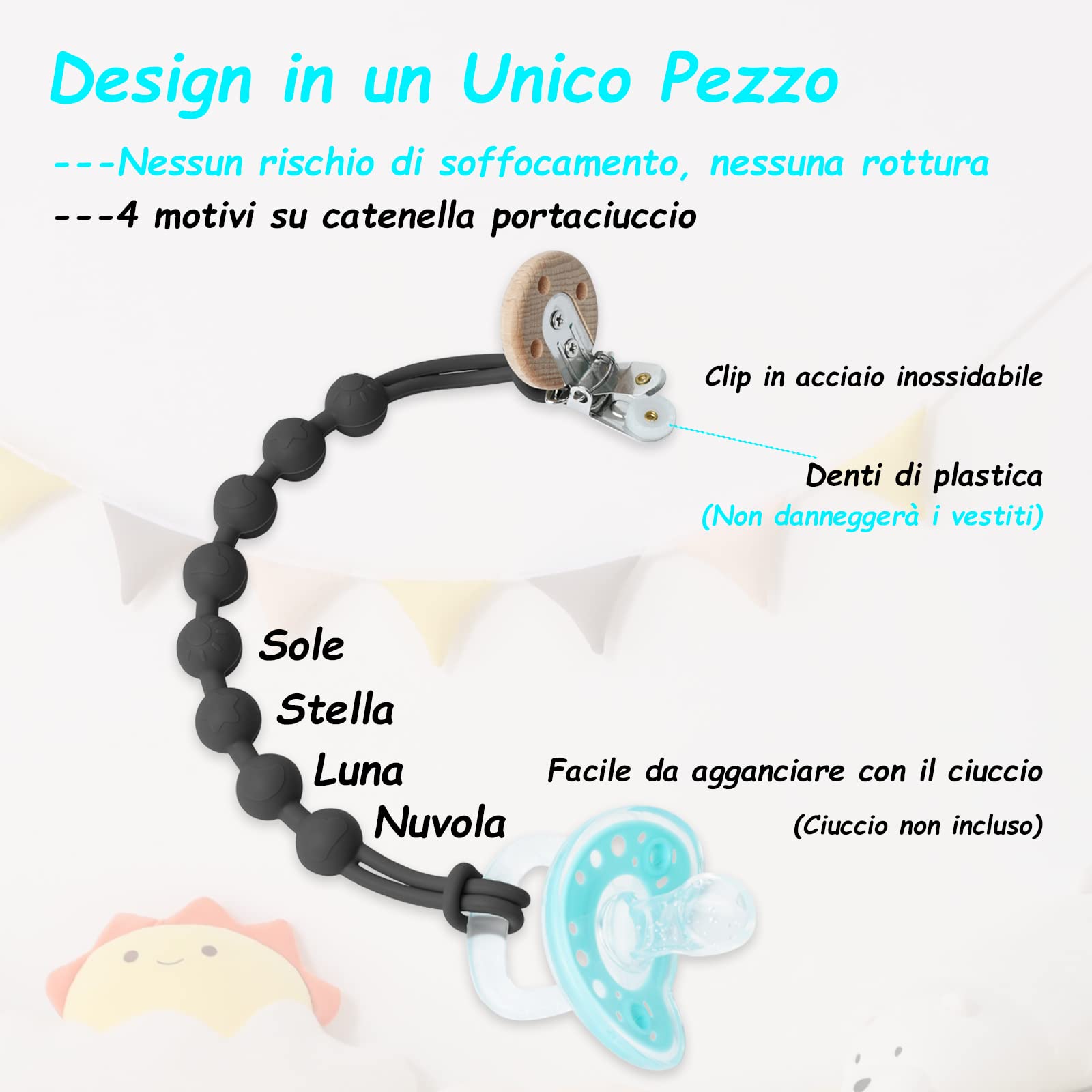 Catenella Portaciuccio in Silicone, Seposeve Confezione da 2 Catenella Ciuccio Clips, Morbide Clip Portaciuccio per Bambini e Bambine, Morbido Flessibile, Durevole - Alta Tenacità, 2 Nero