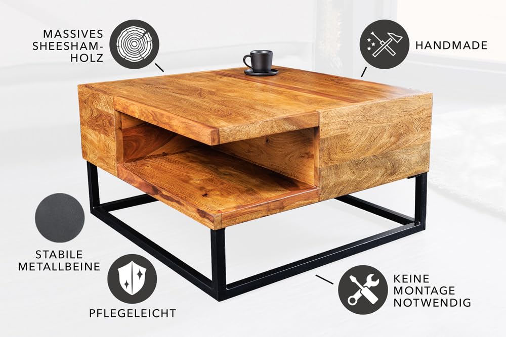 Couchtisch GIANT 60cm - schwarz - Sheeshamholz - handgefertigt Unikat | Massiv, montiert, Stauraum, hochwertig, individuelle Maserung, robust, Industrial Design, Ablagefach, Metallgestell