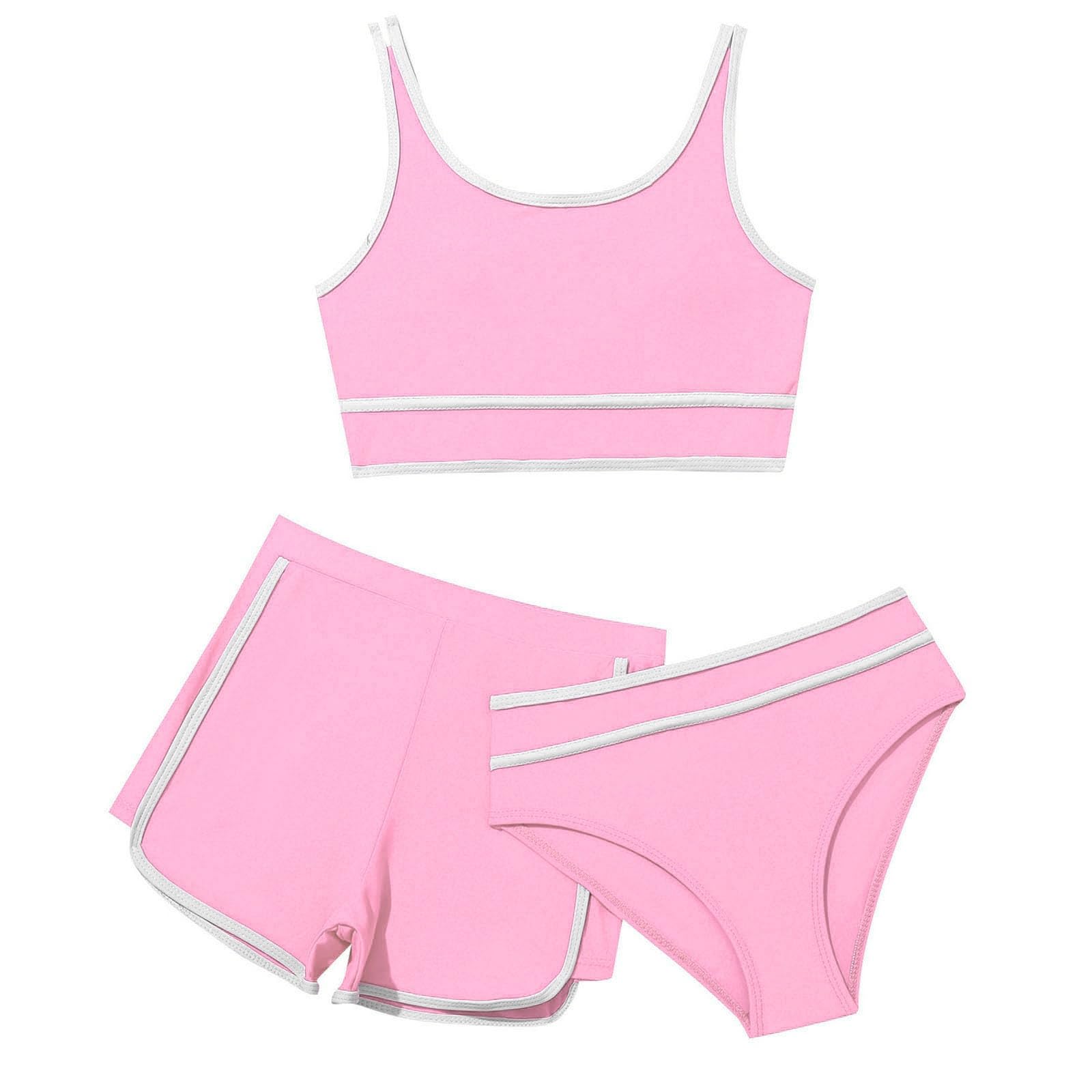 Cokbyavla Girls Swimsuit 3 Piece,Girls 3 Pieces Swimsuit Girls Swim Cover Tween Girls Swimsuits Bikini Girls Two Piece Swimwear Tankini Set Crop Tops with Shorts Swimsuit(6Pink,11-12 Years)