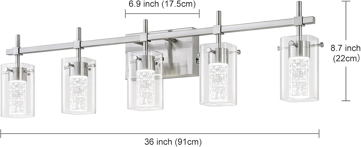 5-Light Brushed Nickel Vanity Light with 3 Color Modes (3000K/4000K/6000K),Dimmable Modern Wall Light Over Mirror,LED Bathroom Light Fixturewith Clear Glass Shade